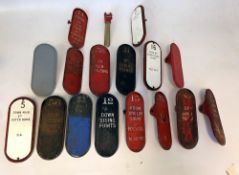 16 railways metal signal lever plates with various numbers and wording, some stamped SR (Southern