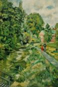 Michael Regan (20th century) Oil on canvas Two figures walking on a riverside path towards a country