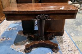 William IV mahogany foldover card table, the rectangular top with rounded front corners, opening