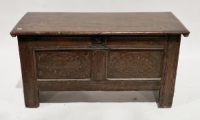18th century oak coffer, the hinged lid with thumbmoulded edge, opening to a lidded candle tray, the