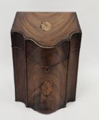 George III mahogany and inlaid knife box of serpentine time, the hinged lid with shell patera