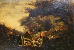 Early 19th century British school  Oil on canvas Shepherd and his flock before a farmhouse in wooded