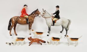 Beswick pottery hunting group, printed marks, comprising: two equestrian figures, a fox and four