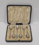 Set of six silver and enamel coffee spoons housed in original case, Birmingham 1937 by Turner &
