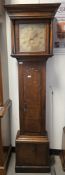 George III oak 30-hour longcase clock, the square hood with moulded cornice and turned column