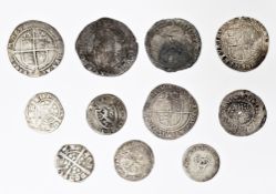 Collection of silver coins including an  Edward I silver penny, an Elizabeth I silver shilling, a