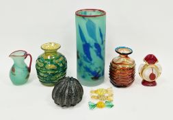 Quantity of art glass to include a tall Mdina cylindrical matte glass vase with blue and red flashes