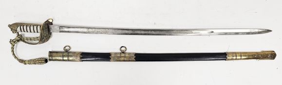 Royal Navy 1827 pattern officer's sword and scabbard, white fish skin wire bound grip, etched
