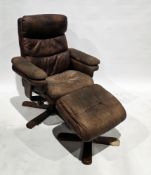 Pair of G-Plan Relaxateeze Stressless armchairs with matching footstools, having brown leather-