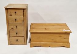Modern pine chest of five short drawers with metal knob handles, 91cm high x 46cm wide x 40cm deep