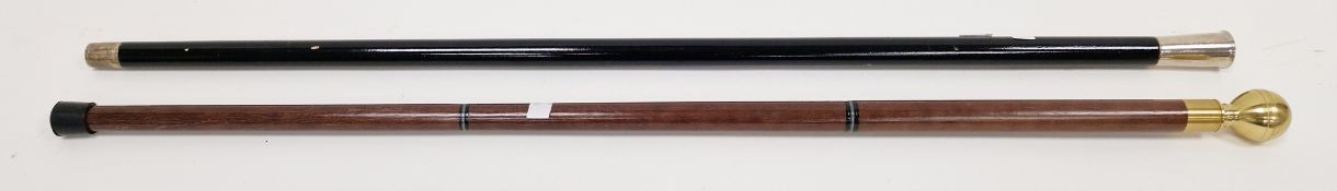 Hardwood walking stick, the brass knob handle unscrewing to a whisky / spirit phial, 88cm long