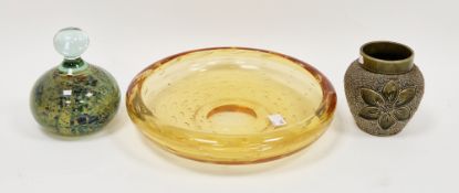 Mdina paperweight with mottled green and red inclusions, etched mark, a Whitefriars  amber