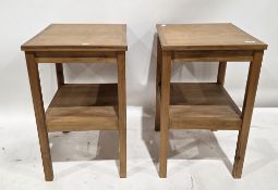 Pair of pine square side/lamp tables of rectangular form, the square legs united by an undershelf,