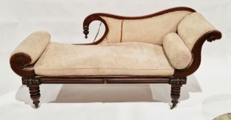 Victorian mahogany framed chaise longue, the scroll back with carved drop finial, scrolling carved
