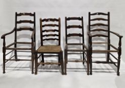 12 ash ladderback dining chairs, nine with rush seats and three with seats missing, largest 98cm