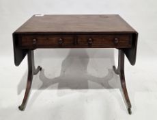 19th century mahogany sofa table, two drawers with double wooden knob handles to one side, and two