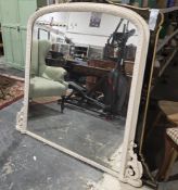19th century overmantel mirror, the later white painted domed top frame with beaded and carved