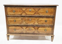 19th century continental walnut and crossbanded chest, the top with thumbmoulded edge, over three
