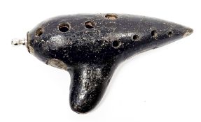 Late 19th/early 20th century black glazed ceramic ocarina made by Heinrich Fiehn of Vienna, with