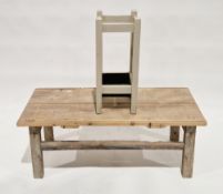 Rustic pine coffee table of rectangular form on square legs, 43cm high x 111cm long x 46cm wide