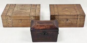 Regency mahogany two section tea caddy of sarcophagus form, with lion mask drop ring handles, 19.5cm