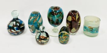 Group of Mdina glass, etched marks, comprising: two paperweights, a doorstop, a footed oviform vase,