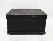 19th century dark stained pine travelling trunk, the hinged lid painted M.G.M. Rosier, Bombay and