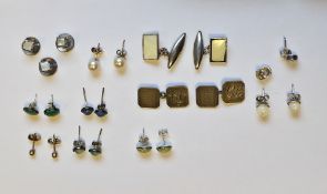 Pair of silver and malachite stud earrings, a pair of silver and CZ stud earrings, five further