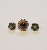 Pair of 9ct yellow gold, diamond and emerald stud earrings in the form of a flower, having a central