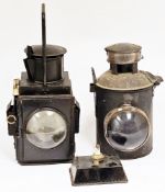 British Rail tail lamp with two convex lens with burner, 47cm high together with another railway