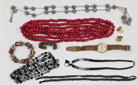 Mixed lot of costume jewellery including a Baltic amber chip necklace, a green hardstone bead