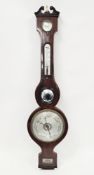 19th century mahogany and satinwood string inlaid wheel barometer, comprising a dry/damp dial,