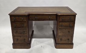 19th century mahogany inverted breakfront writing desk of small proportions, the green leather inset
