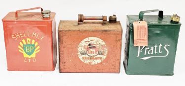 Two early 20th century petrol cans including Pratts and Shell-Mex Limited, both with brass caps