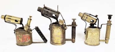 Nine early 20th century brass blow torches including original Sievert Governor, Optimus and