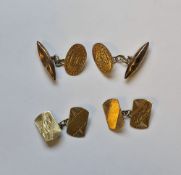 Two pairs of yellow gold cufflinks, one pair with engraved rectangular double ends, the other pair