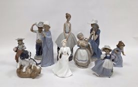 Nine Nao figures and a Coalport Ladies of Fashion figure of Lorraine, printed marks, the Nao figures