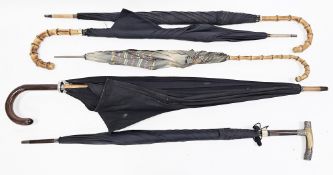 Collection of five mid-20th century umbrellas, one with 9ct gold ferrule and curved bamboo handle,