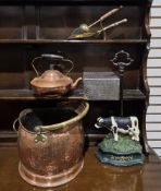 Copper helmet-shaped coal bucket, painted metal cow-pattern doorstop and other metal items (1 box)