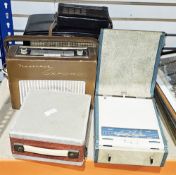 Ekco transistor radio in blue and cream folding case, Vidor portable radio in red and grey