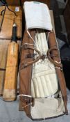 Vintage Gray-Nicolls cricket bat with a pair of J D Hobbs Frank Bryan cricket pads and other