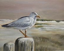 Oil on board Coastal scene with seagull perched on a stump, unsigned
