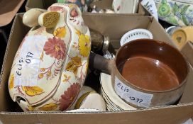 Five boxes of assorted ceramics including two majolica rabbit-shaped tureens and covers, a table