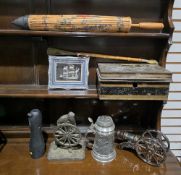 Mixed lot of collectable items including a Victorian metal cash tin, a Peter Hicks model of a