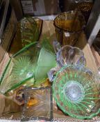 Three boxes of coloured pressed moulded glass in green, blue and amber, other glassware and a