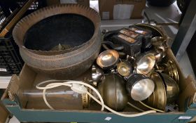 Mixed lot of metalware including a Indian brass jardiniere, a brass oil lamp converted to