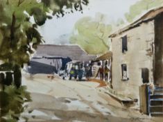 John Boyce (b.1938)  Watercolour drawing  Farmyard with figures, signed lower right, 23cm x 31cm,