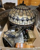 Tiffany-style table lamp, quantity brass candlesticks, treen items and two ceramic large vases