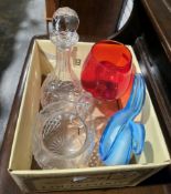 Mixed lot of coloured and clear glassware including an Orrefors by Sven Palmqvist engraved with a