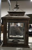 Wood and glass hanging lantern (one glass panel missing) (please note VAT will be payable on the